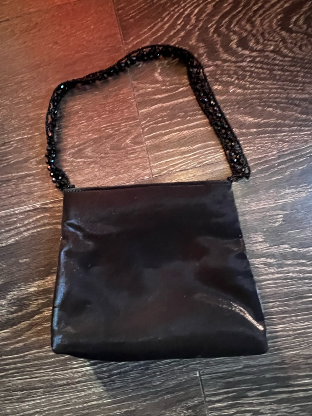 La Regale Black Satin Evening Clutch with Beaded Chain